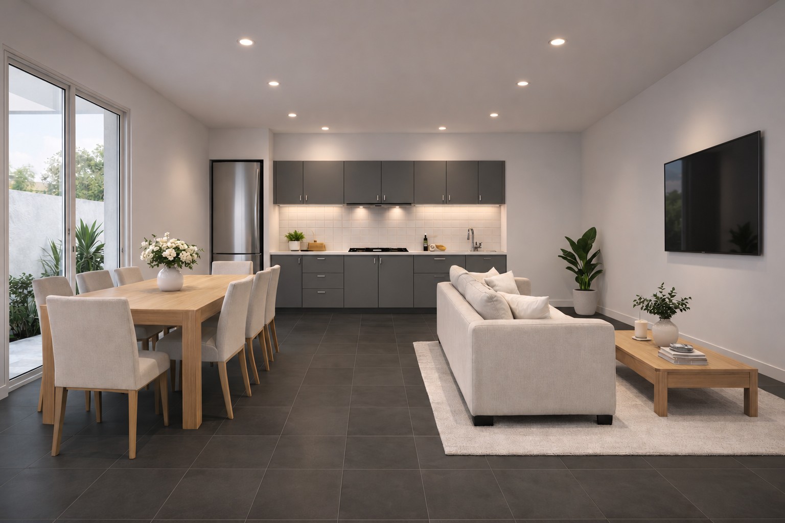 Render de diseño interior con living, comedor y cocina integrados, mobiliario en tonos neutros y luz natural