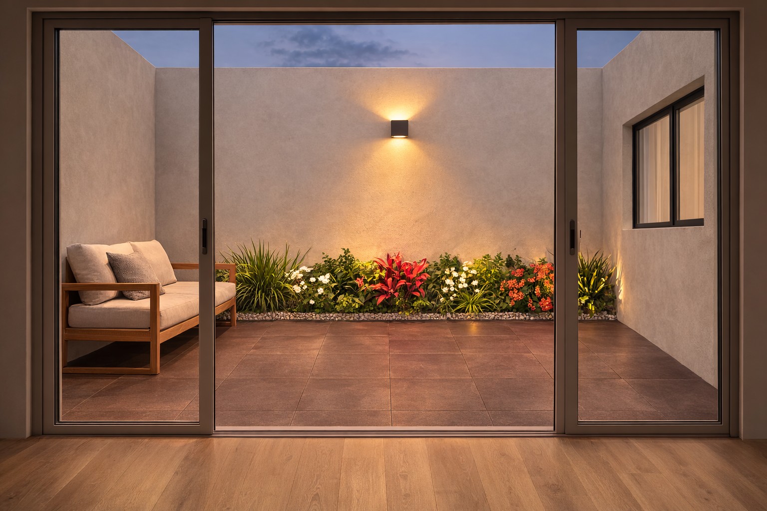 Render de patio con jardín, iluminación de pared y abertura vidriada hacia el dormitorio